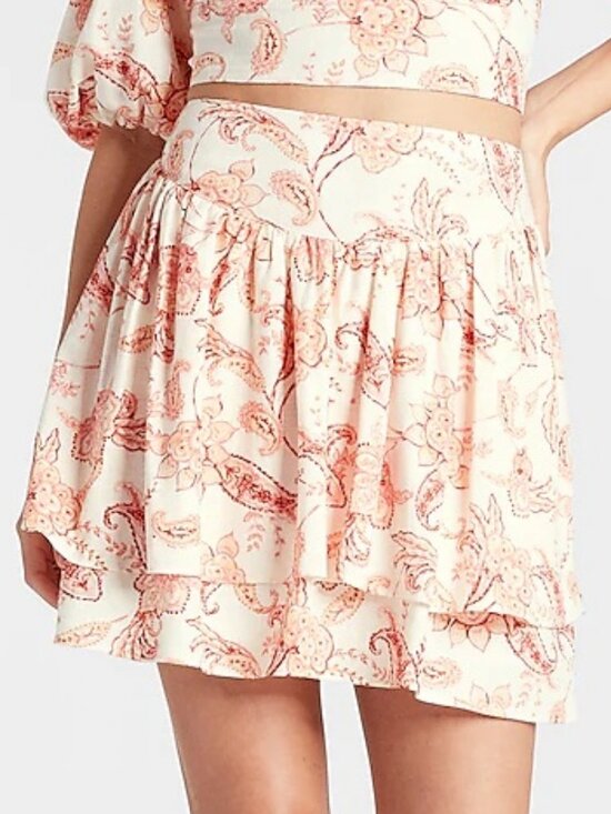 Express Dresses & Skirts - Express Pink Linen-Blend Printed Floral Tiered Ruffle Mini Skirt SZ 2